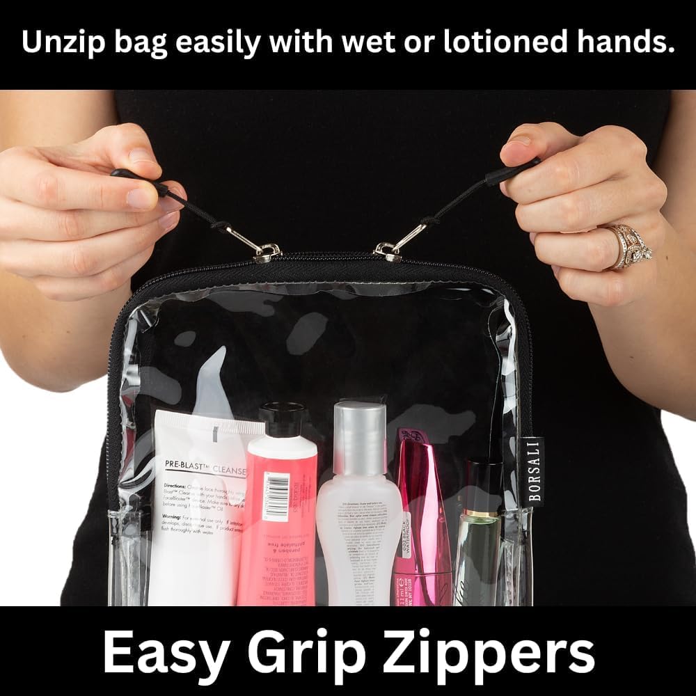 BORSALI TSA-Approved Quart-Sized Bag for Carry-On Travel - One (1) Quart Clear Toiletries, Cosmetic and 3-1-1 Liquids Toiletry Bag - Black With Handle