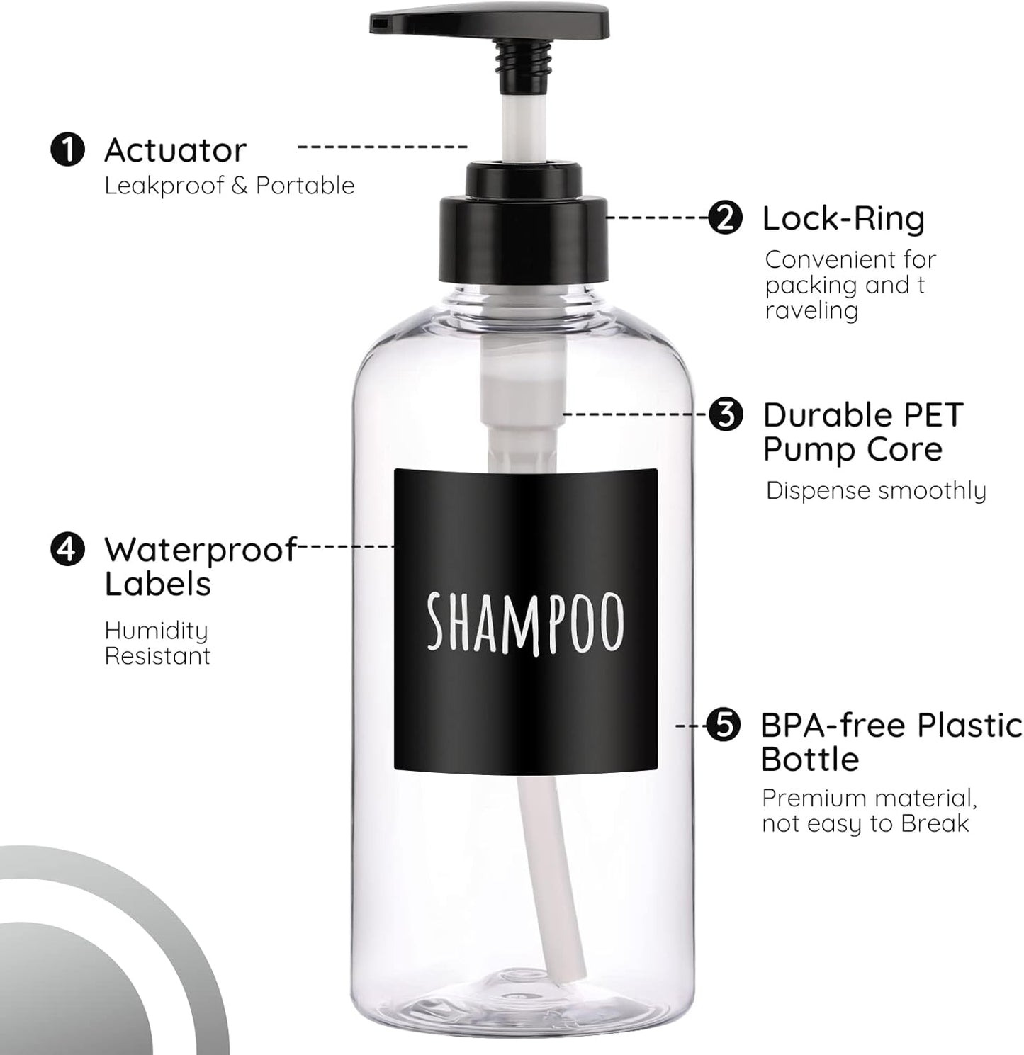 Shampoo Bottles with Labels, Segbeauty 3pcs 16.9oz/500ml Plastic Pump Bottle Dispenser, Empty Refillable Shower Lotion Body Soap Shampoo Conditioner Press Dispenser for Hotel Bathroom Kitchen Clear