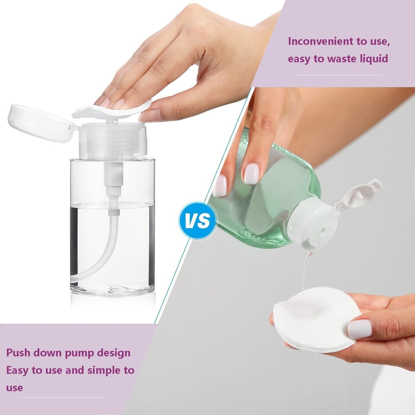 Push Down Pump Dispenser, 5.1oz Clear Pump Bottles with Alcohol, Acetone, Nail Polish Remover, Makeup Remover, Toner Stickers Empty Push Top Container for Liquid (150ml-2Pack)