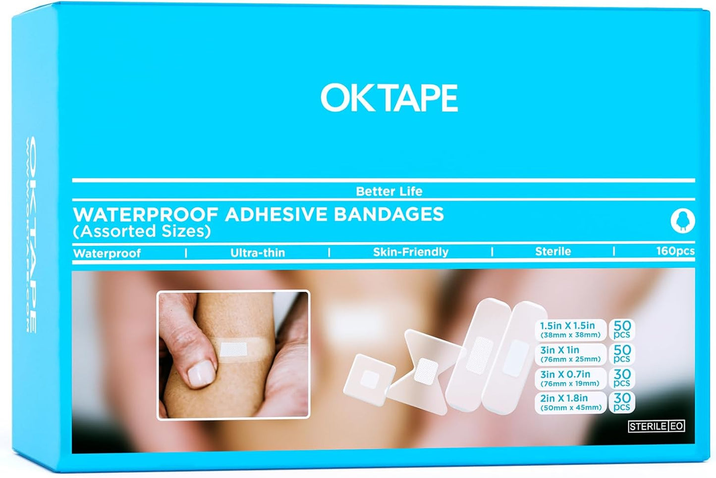 OK TAPE Waterproof Clear Adhesive Bandages, Bulk 160 ct Sheer Assorted Sizes with Individually Wraps for First-Aid Wound Care, Variety Bandage Pack for Minor Cuts & Scrapes - Stays Put in The Shower