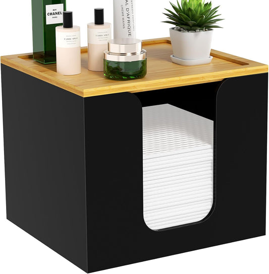VITVITI Disposable Face Towel Holder Box, Acrylic Facial Towel Container for XL Clean Skin Club, Large Disposable Face Towels Storage with Bamboo Lid, for Bathroom, Vanity Makeup, Black