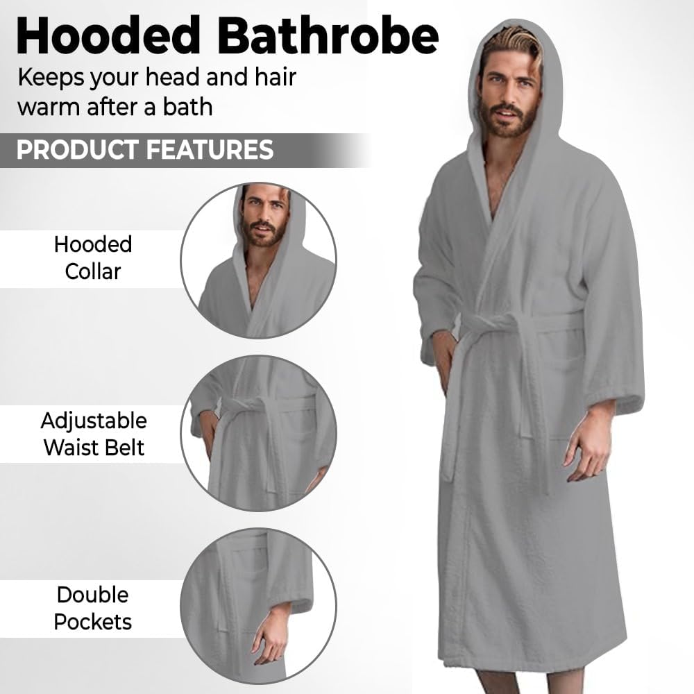 Men’s Hooded Bathrobe, 100% Cotton Terry Bathrobe, Spa Style Bath Robe, Absorbent Shower Robe, Lightweight Towel Bathrobes