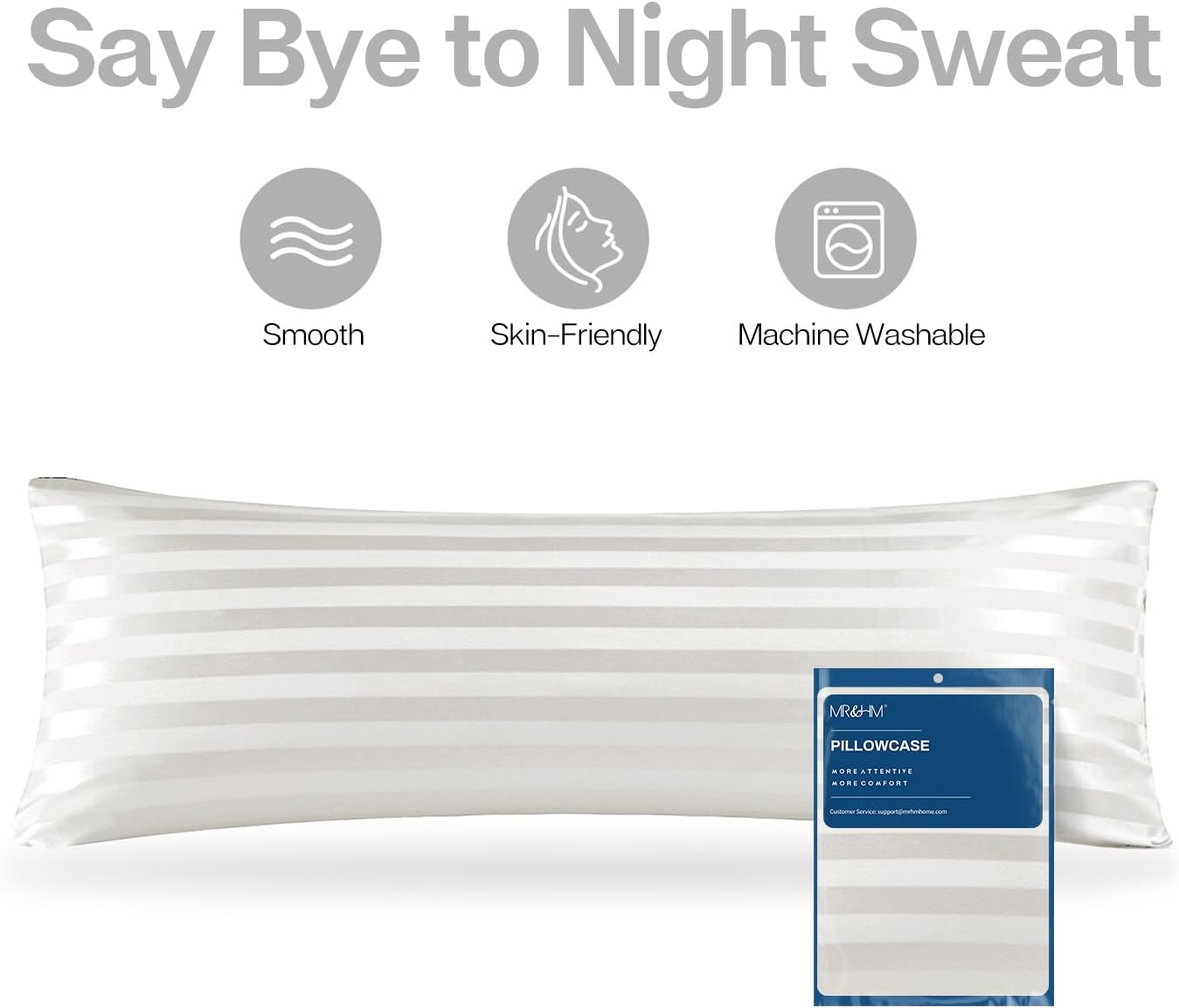 MR&HM Satin Body Pillow Cover, Soft and Breathable Body Pillow Case with Envelope Closure, Cooling and Silky Long Pillowcase for Hair and Skin,Grey (20x54, Ivory Striped)