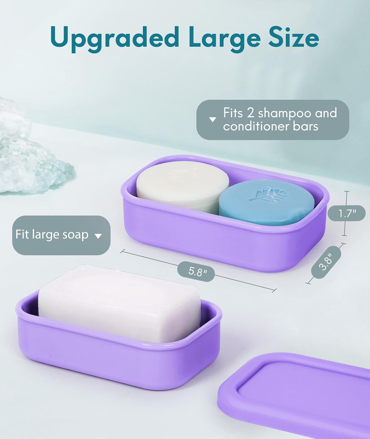 Quatish Solid Shampoo Bar Holder, Large Leakproof Travel Soap Case, Silicone Soap Box with Draining Layer, Enhanced Soap Container, Suitable for Camping, Gym, Bathroom, Outdoor Essentials, Purple