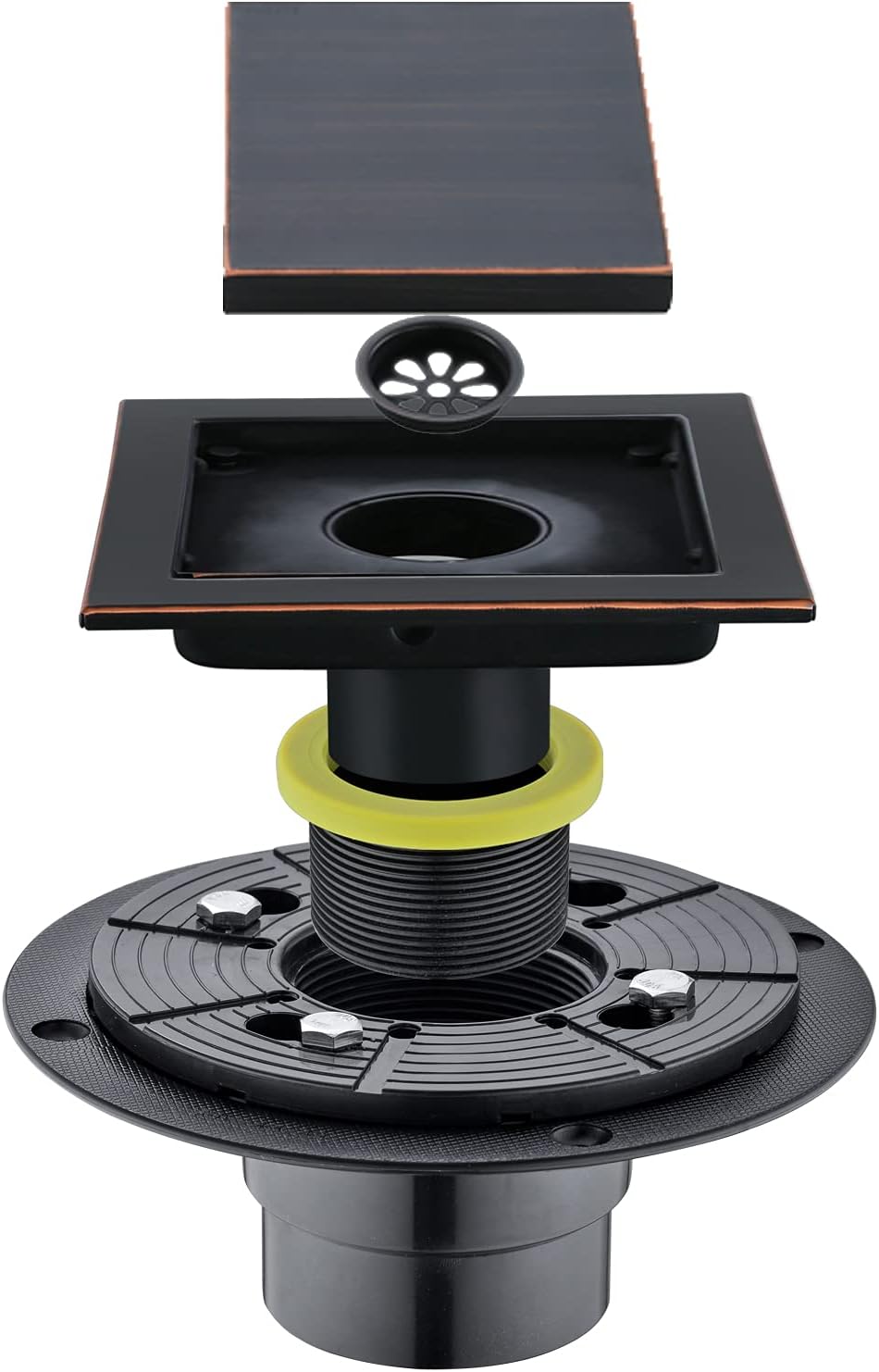 RANDOM Oil Rubbed Bronze Shower Drain Square 6 inch with Adjustable PVC Base Flange,SUS304 Stainless Steel Shower Floor Drain Kit with Tile Insert Shower Drain Cover and Hair Strainer