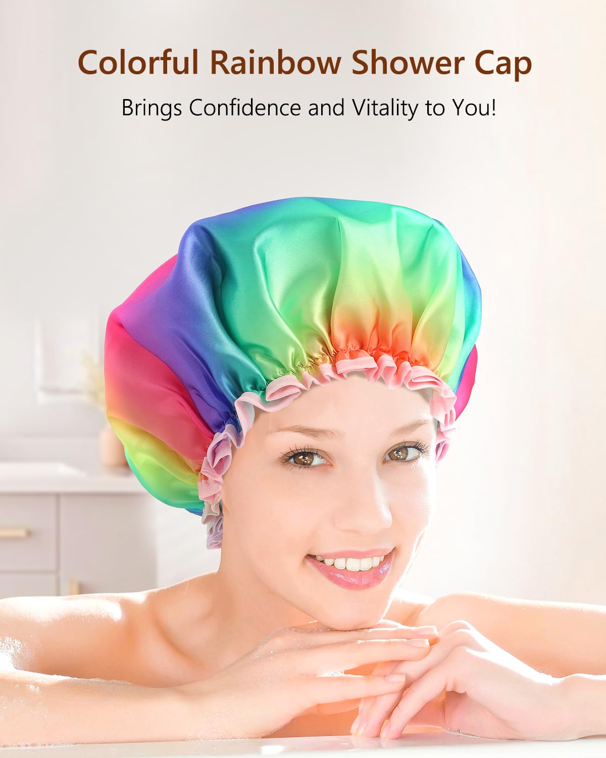 mikimini Large Shower Cap for Women Long Hair, Double Layer Waterproof, Large size, Reusable, Washable, No Smell, Rainbow Fashion Shower Cap X-Large (Pack of 1) Rainbow