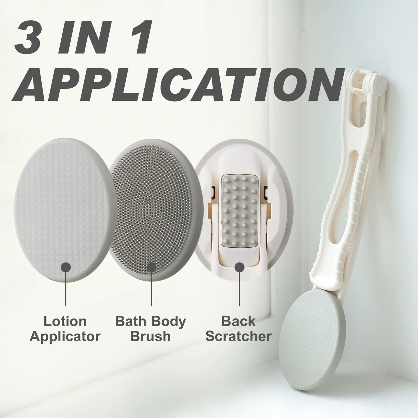 Lotion Applicator for Back - 3in1 Foldable, Cream, Sunscreen, Ointment Applicator, 19" Long Handle, Body Massage Tool - 1 Body Brush Pad, 1 Lotion Pad Included