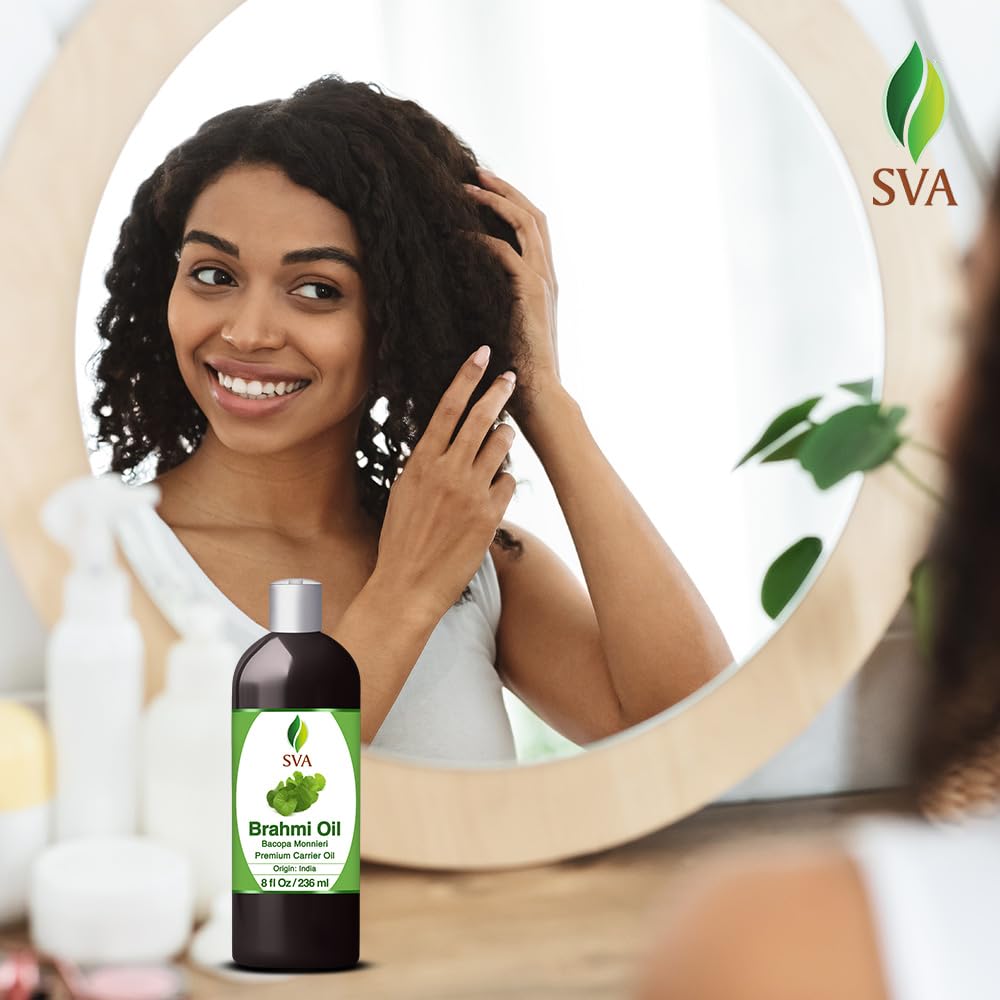 SVA Brahmi Oil - 8 Fl Oz – 100% Natural Cold Pressed Brahmi Oil - for Face, Skin Care, Hair Care, Scalp Massage & Body Massage – Carrier Oil with Pump