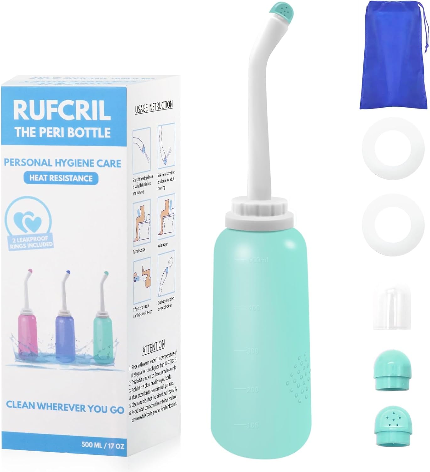 RUFCRIL Peri Bottle, Portable Travel Bidet with Bag, TPE Material Can Be Boiled, 17oz/500ml with 2 Sealing Rings,Essentials for Postpartum Perineal Care,Feminine Cleansing,and Baby(Green)