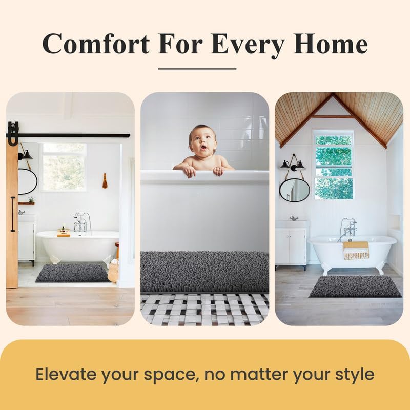 MAYSHINE Plush Shaggy Chenille Bath Mat | Extra Soft, Super Absorbent, Non-Slip Bathroom Rug | Fluffy Microfiber, Area Rug Sets for Bathroom Floor, Kitchen, Living Room | 59"x31" | Grey