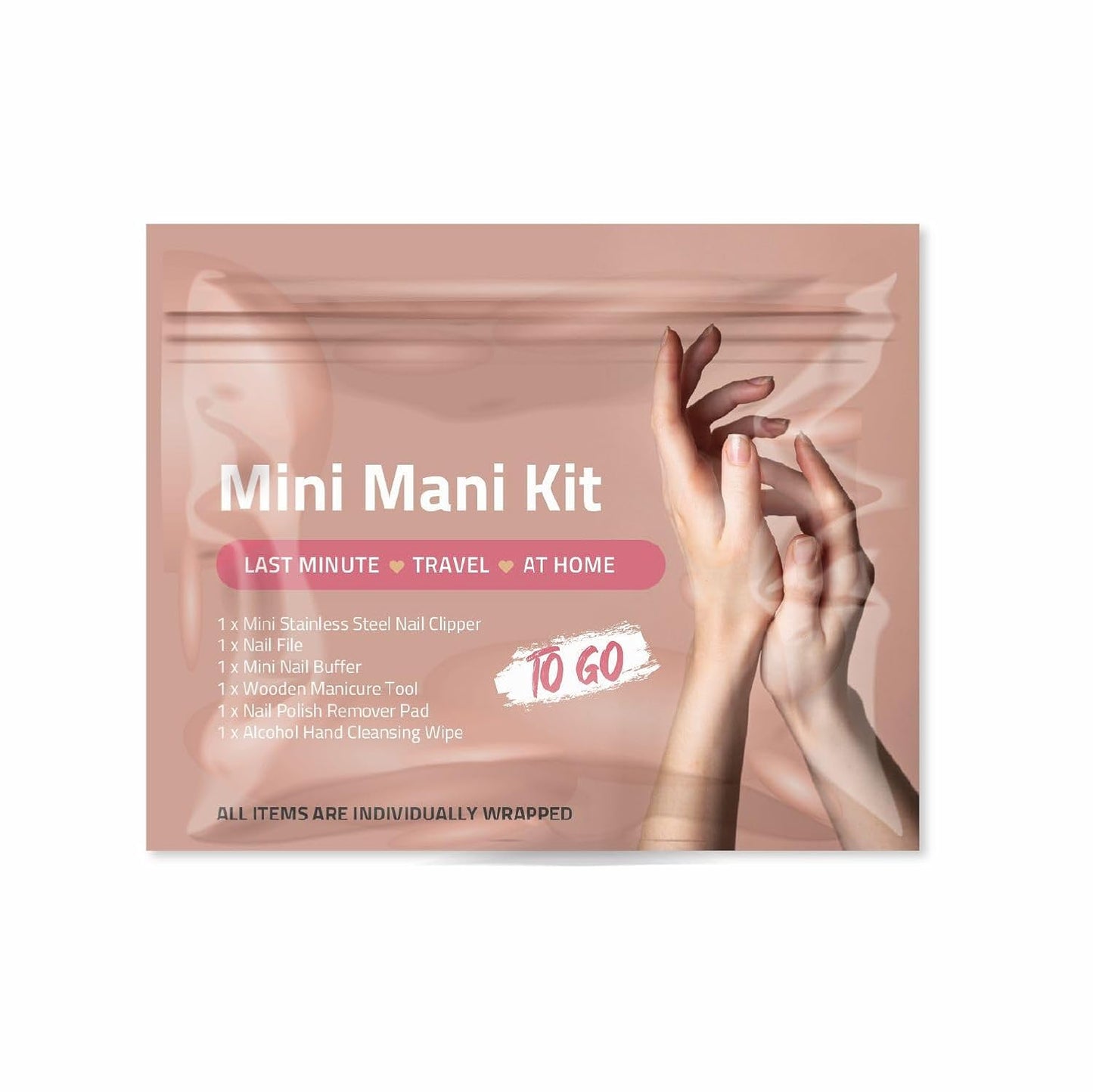 Mini Mani Kit – Disposable Manicure Set with Nail Clipper, File, Buffer, Cuticle Stick & Polish Remover Pad – Compact One-Time Use Nail Care Kit for Travel, Purse, Desk, or Car (Peach)