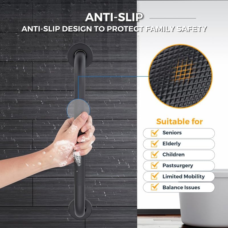 Grab Bars for Shower, 1 Pack 20-Inch Anti Slip Shower Handles for Elderly, Safety Shower Grab Bar, Stainless Steel Handicap Grab Bars for Bathroom (Black 1" Diameter)