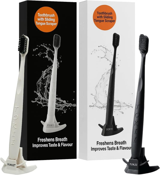 Tongue Scraper Cleaner Charcoal Bristles Toothbrush for Bad Breath with Waterproof Pouch for Travel, Hygienic Stand and Enviromentally Friendly