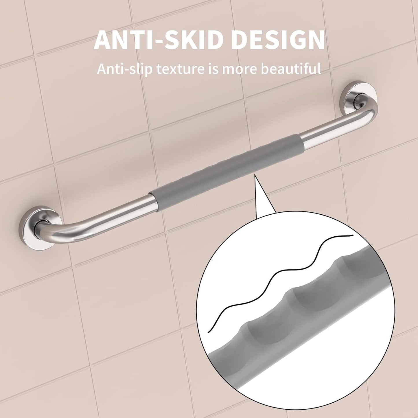 20 Inch Anti Slip Shower Grab Bar, Munzong Chrome Stainless Steel Bathroom Grab Bar w/Gray Rubber Grip, Bathroom Balance Bar,Safety Handrail Support,Handicap Elderly Senior Assist Bath Handle
