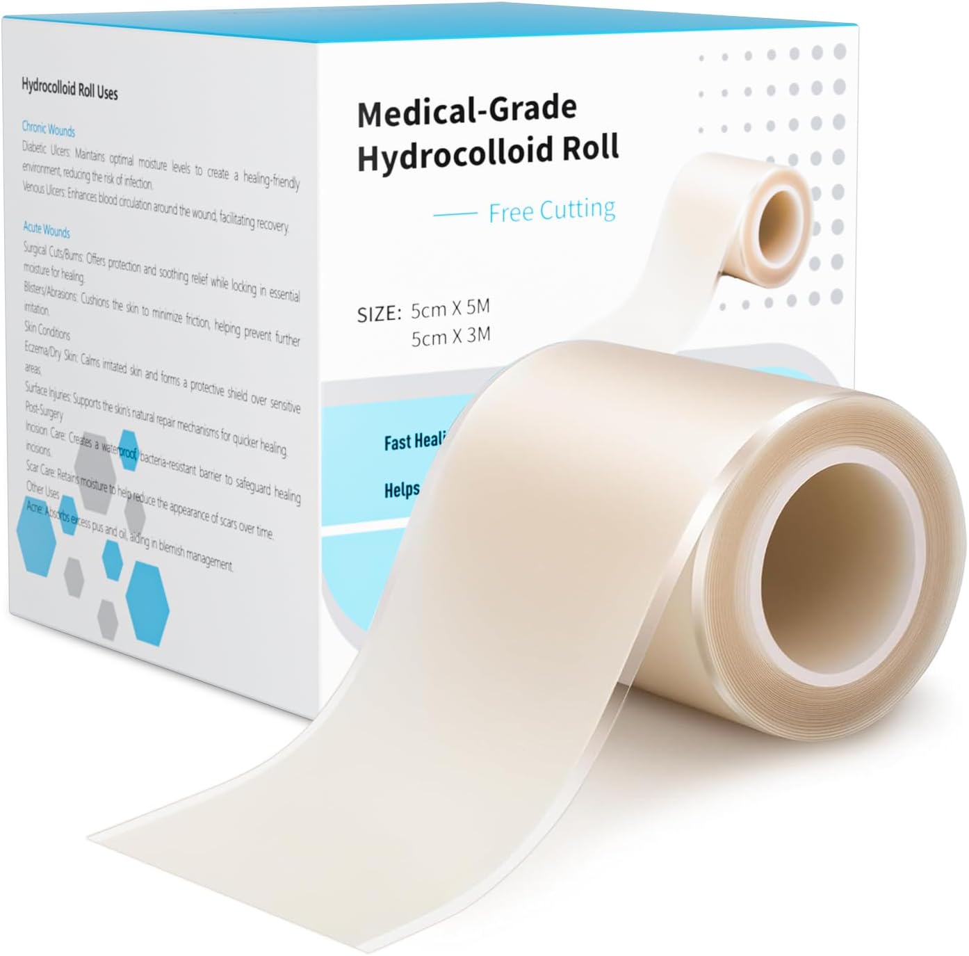 Hydrocolloid Roll for Wound Care ‌Edge-Peel with edges, （2in*16ft）Cut-to-Size Extra Large Hydrocolloid Patch Bandages with Self-Adhesive, Ultra Absorbent, Flexible Waterproof, First Aid Kit Essential