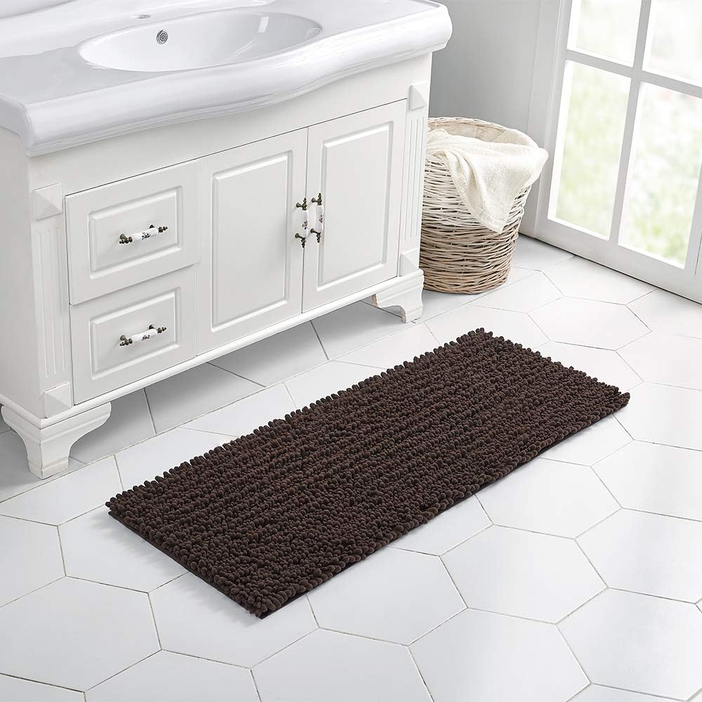 Walensee Large Bathroom Rug Non Slip Bath Mat (24x60 Inch Brown) Water Absorbent Super Soft Shaggy Chenille Machine Washable Dry Extra Thick Perfect Absorbant Best Plush Carpet for Shower Floor