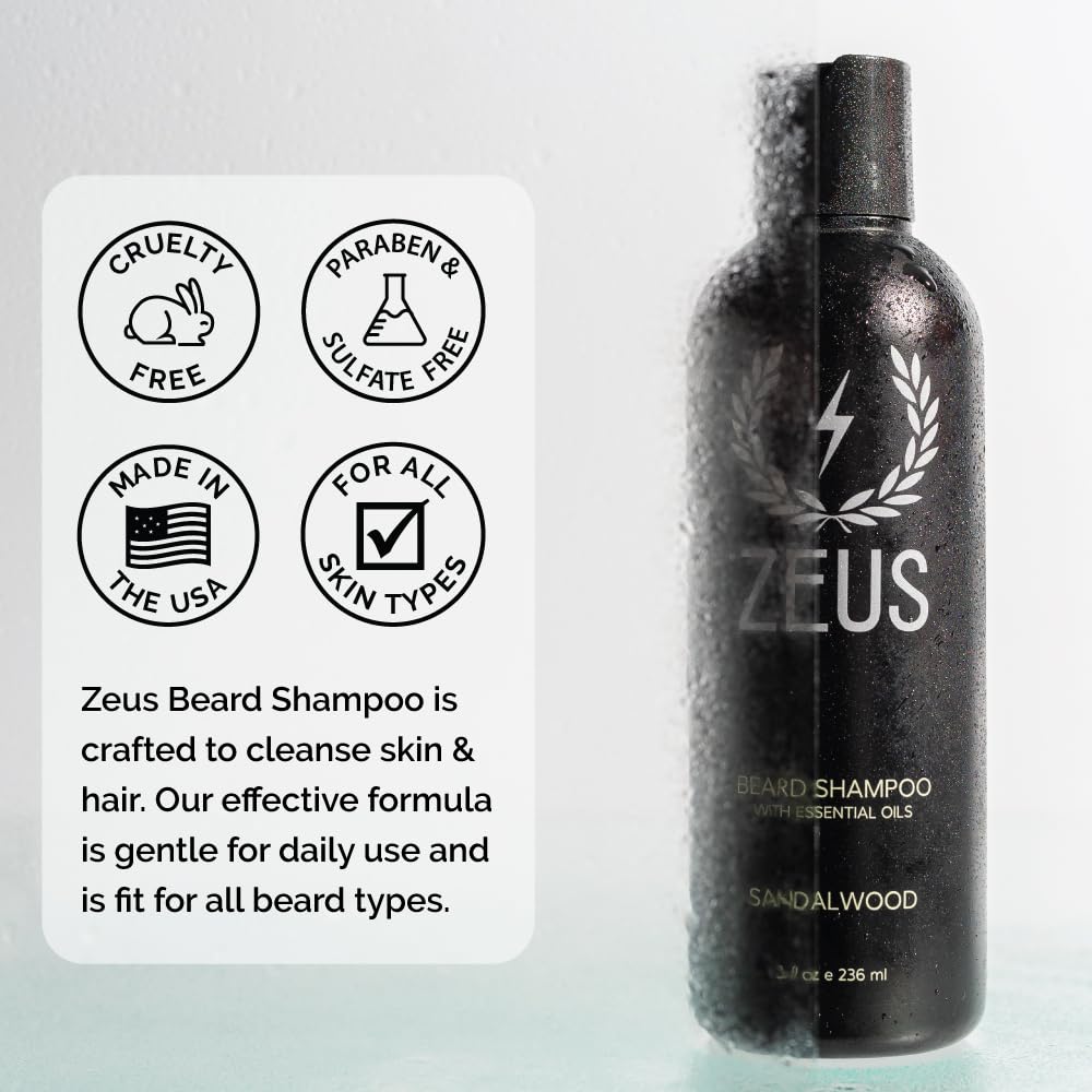ZEUS Beard Shampoo, Cleansing & Moisturizing with Green Tea & Natural Ingredients to Soften - 8 oz. (Made in USA) Vanilla Rum
