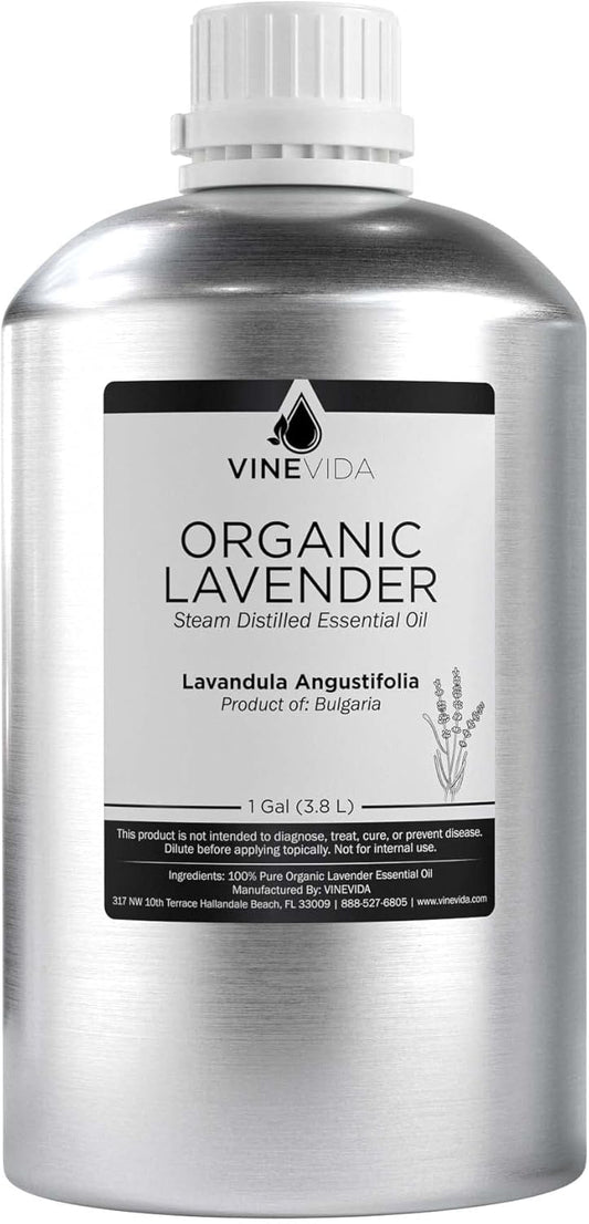 VINEVIDA Organic Lavender Essential Oil - Gallon Organic Lavender Oil Undiluted - Bulk Gallon Essential Oil for Soap Making Safe for Skin - DIY Candle Scents for Candlemaking Scents - 8 lbs