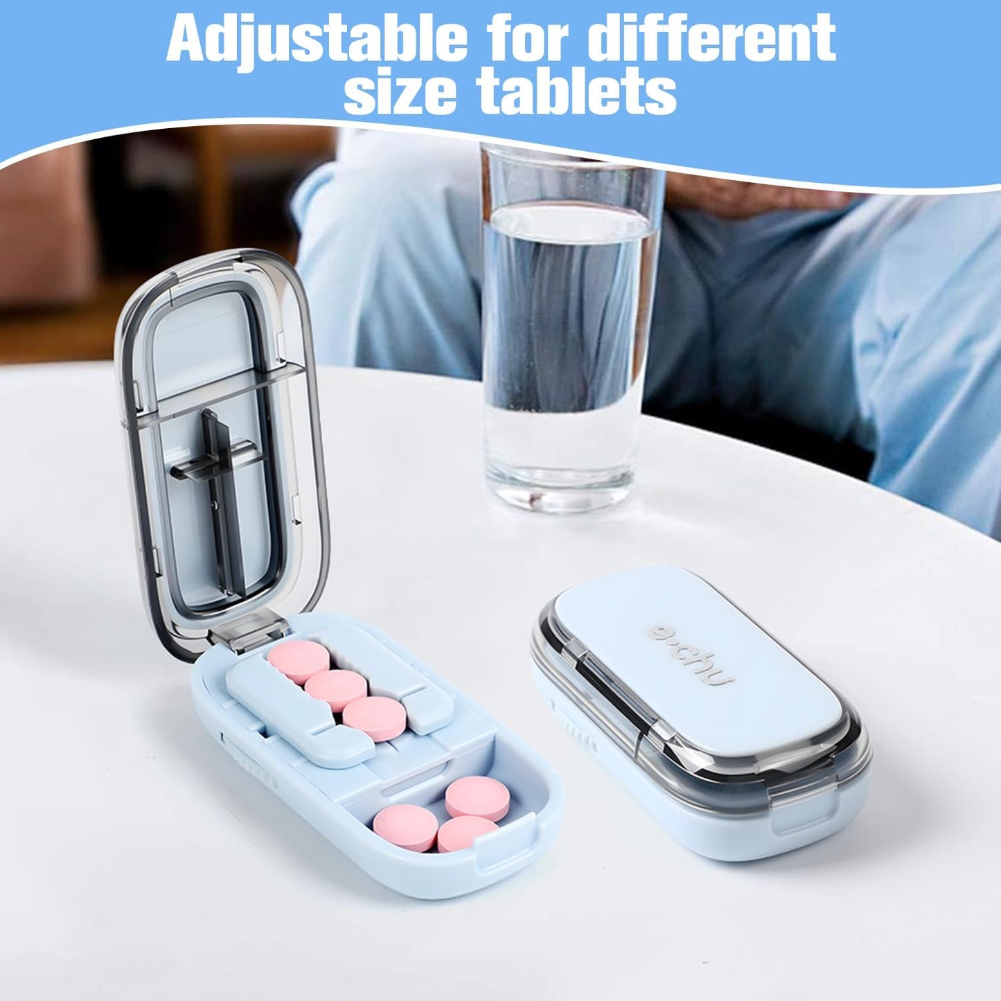 Pill Cutter Splitter for Small and Tiny,Echu Pill Cutter,1/2 & 1/4 Adjustable Pills Splitter with Centering Device for Cutting Multiple Pills,Easy to Use (Blue)