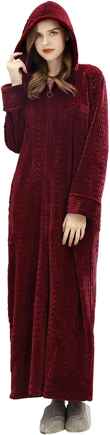 Hellomamma Long Hooded Zipper Bathrobe for Womens Flannel Fleece Robes Winter Warm Housecoat Nightgown Sleepwear Pajamas