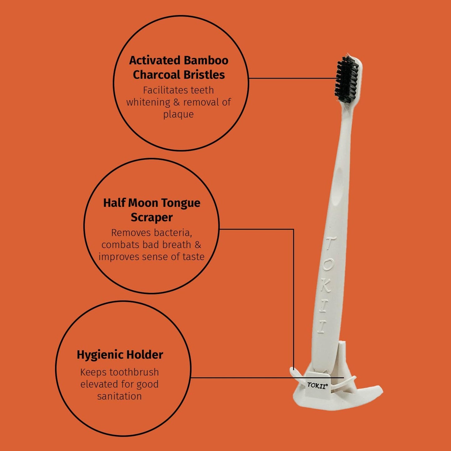 TOKII Tongue Scraper Cleaner Charcoal Bristles Toothbrush for Bad Breath with Waterproof Pouch for Travel, Hygienic Stand and Enviromentally Friendly (One Black & One White)