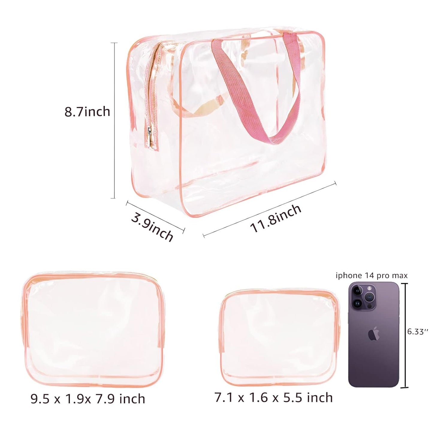3Pcs Crystal Clear PVC Travel Toiletry Bag Kit for Women Men, Waterproof Vinyl Packing Organizer Storage Bags with Zipper Handle Straps, Cosmetic Pouch Carry on Airport Airline Compliant Bag Handbag