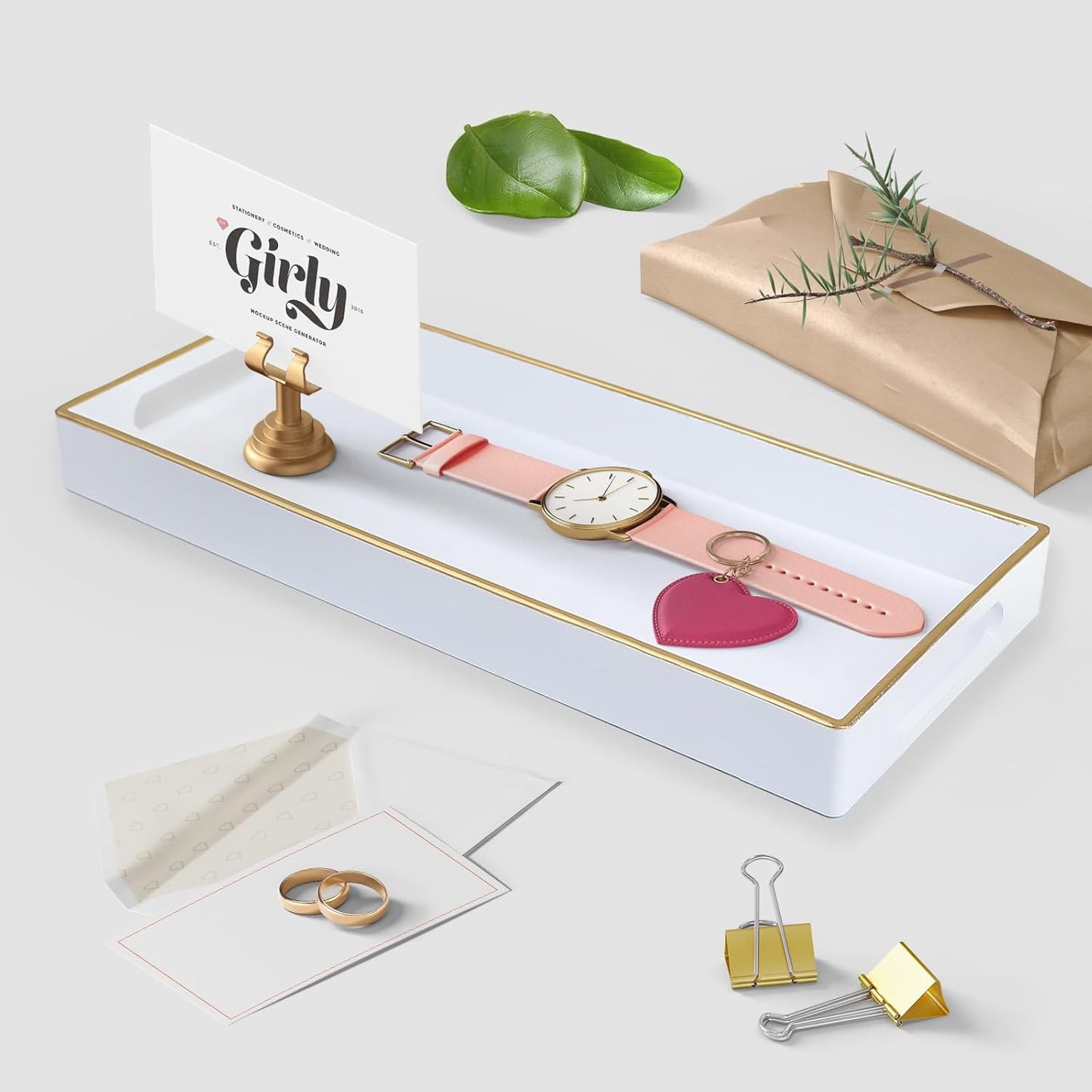 White Bathroom Vanity Tray for Countertop, Small Plastic Toilet Tank Versatile Storage & Organization Tray for Makeup, Perfume, Desk, Kitchen, Candles, 13.7"x6"x1.4", 35W