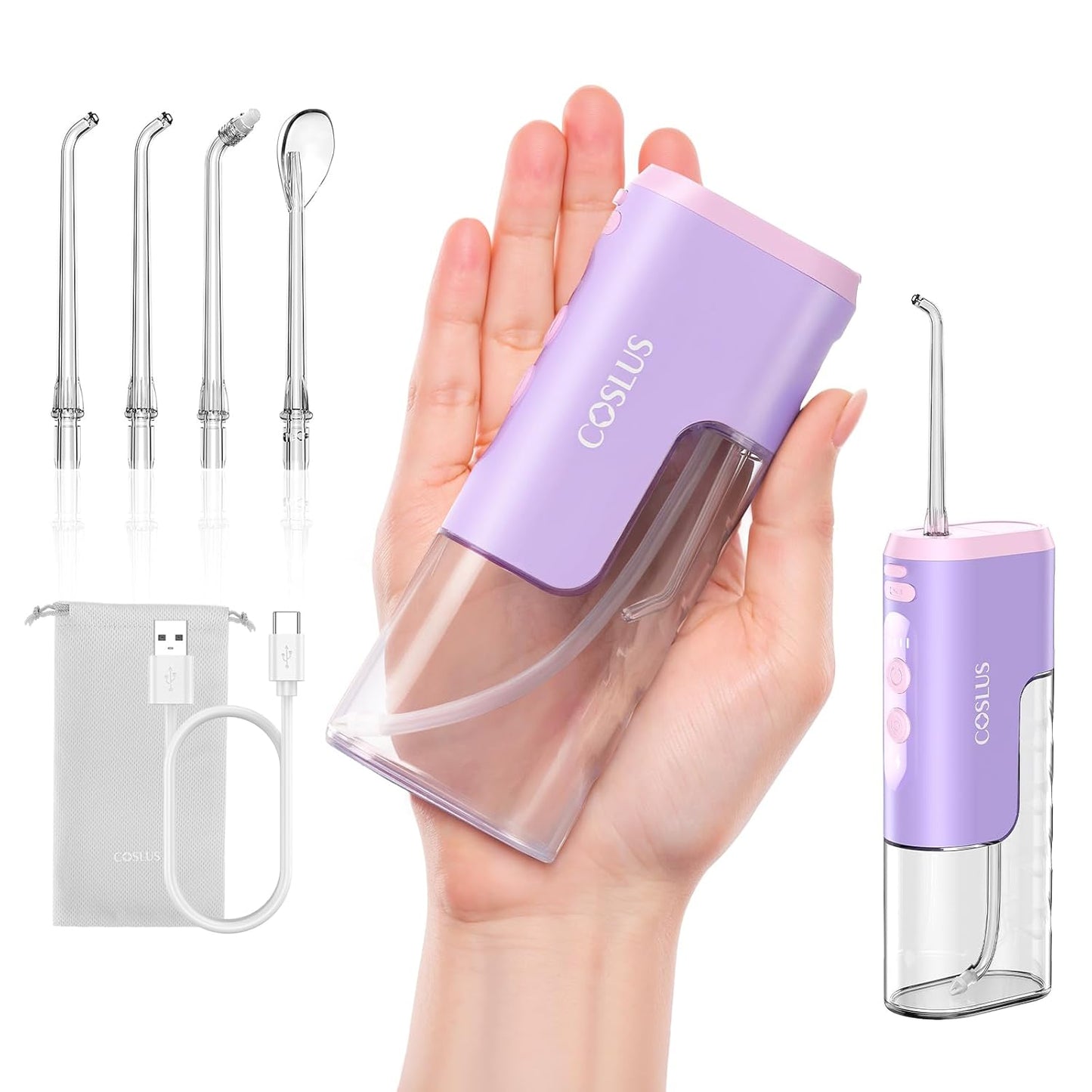 COSLUS Mini Water Flosser for Travel: Portable Compact Design, Cordless Oral Irrigator with 4 Jet Tips, Removable Tank & IPX7 Waterproof for Braces, Sensitive Teeth & On-The-Go Use, Pink Purple, T40
