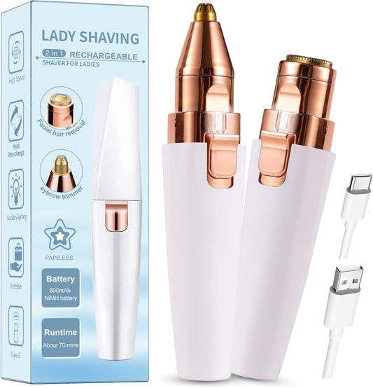 Facial Hair Removal for Women,2 in 1 Electric Hair Removal Device for Chin Upper Lip Peach Fuzz & Rechargeable Eyebrow Trimmer with LED Light for Precise Shaping