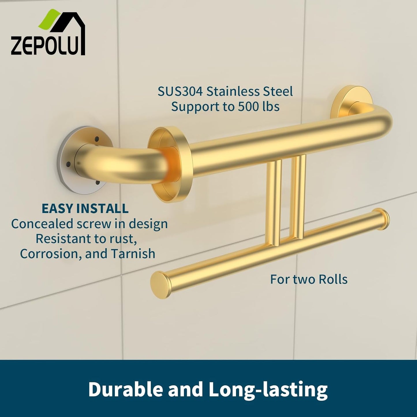 Brushed Gold Grab Bar for Bathroom 17 Inch, Zepolu Stainless Steel 2-in-1 Safety Handrail w/Double Toilet Paper Holder, Wall Mounted Balanced Support Bar Assist Handle for Senior Elderly Handicap