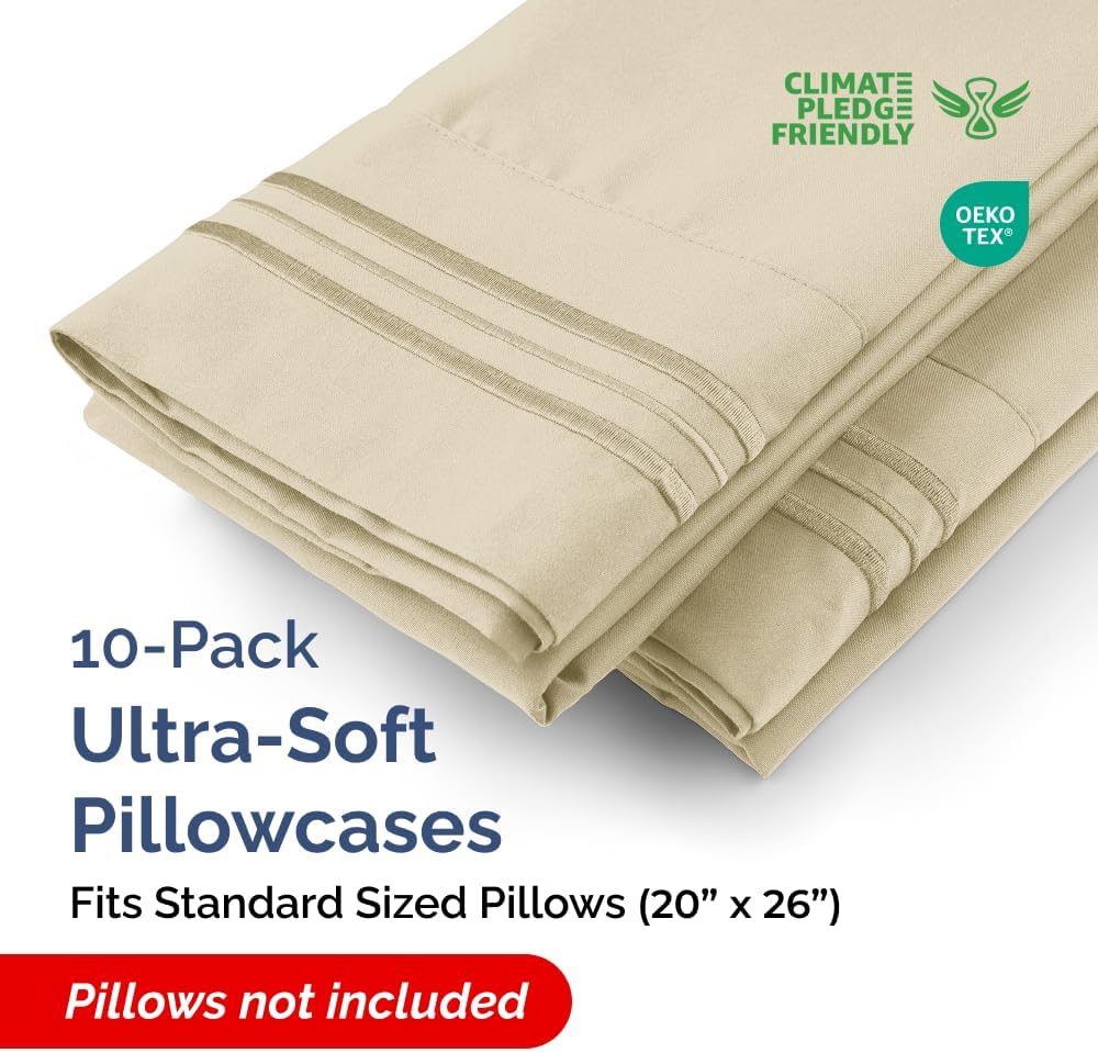 Standard Pillow Cases Set of 10 - Ultra Soft Hotel Quality Pillowcase Covers - Comfy, Cozy & Wrinkle Free - Shrink, Stain and Fade Resistant - Machine Washable Pillow Protectors - 10 Pcs Set - Cream