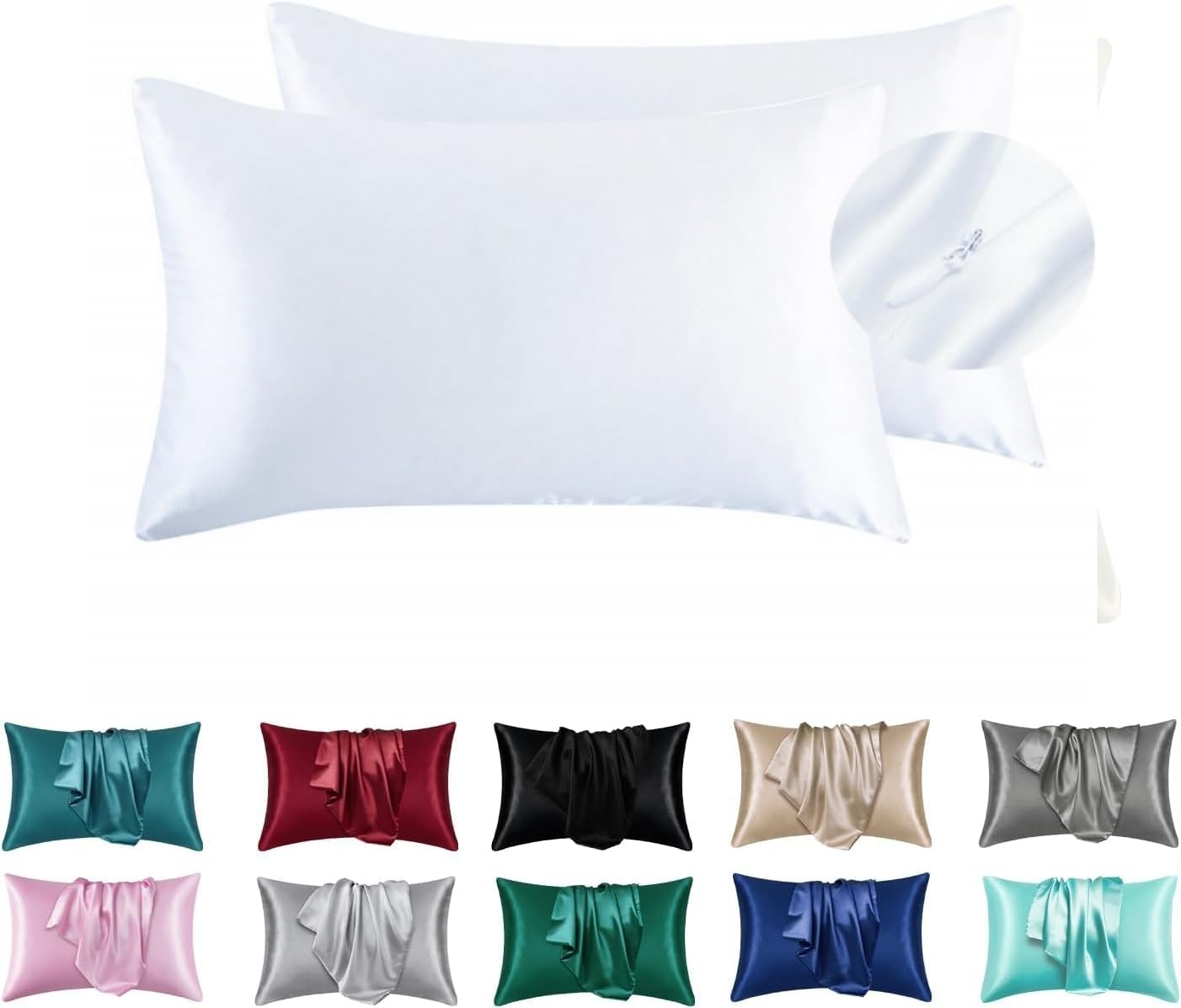 Juwenin Bedding,Luxury Satin Pillowcase with Zipper (Silky Satin Pillow Case for Hair) Set of 2 (White, Standard(20''x26''))