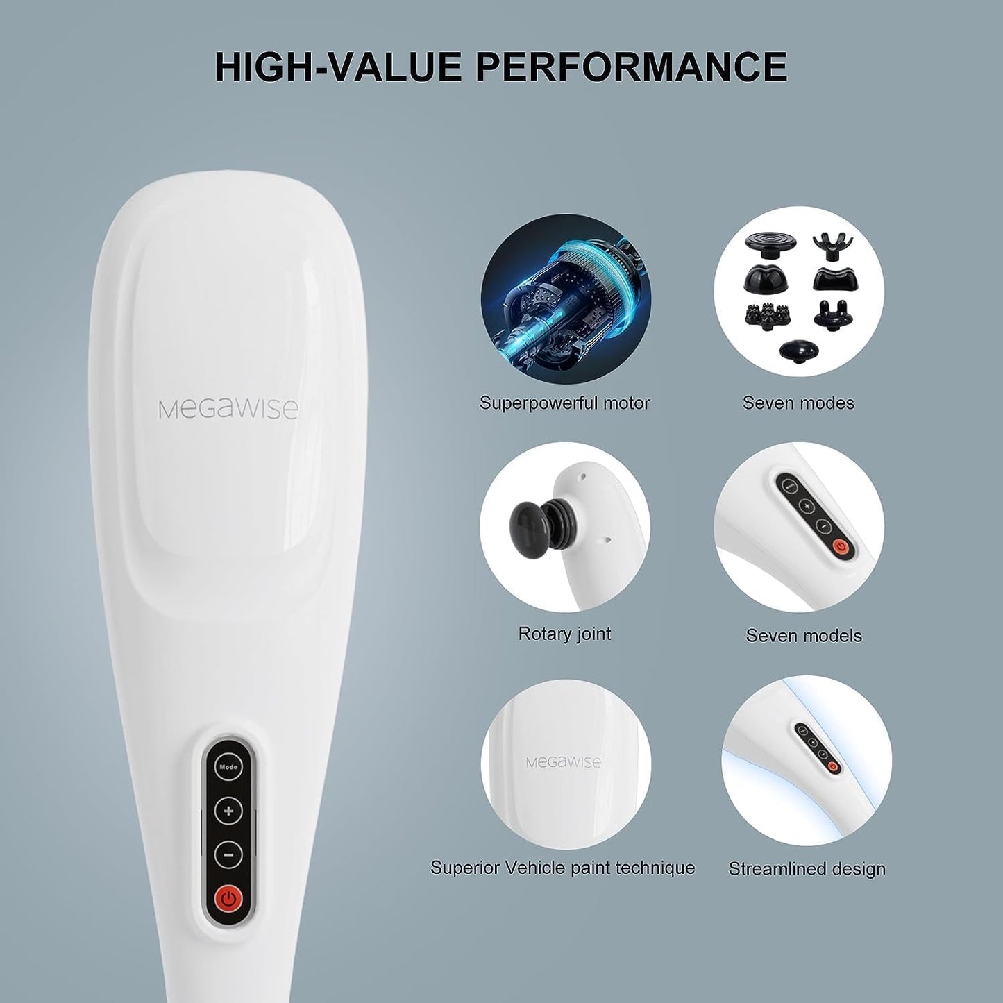 MEGAWISE Cordless Back Massager for Shoulders, Waist, Legs, Rechargeable 3200mAh Battery, 5 Speed and 5 +2 Massage Nodes 5 Hard, 2 Silicone Nodes, Massage While Moving Around (Off White Cordless)