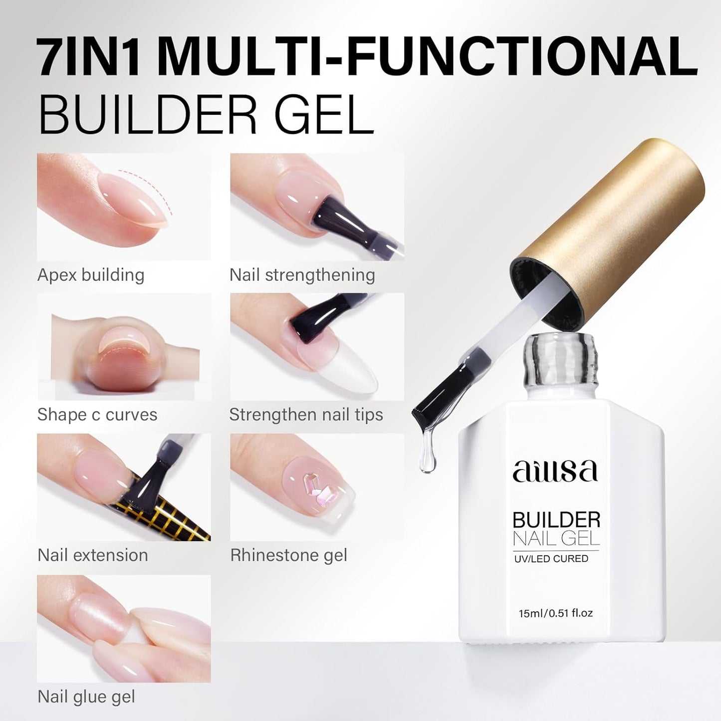 AILLSA Clear Builder Gel for Nails 7 in 1 Strengthener & Thickening Gel Polish Natural Nail Enhancement Extension Hard Gel Salon and DIY Beginner Friendly 0.51 Oz