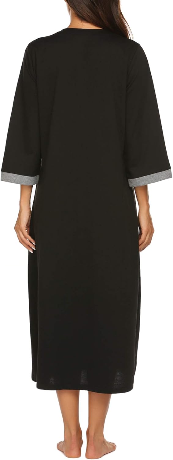 Ekouaer Women Zipper Robe 3/4 Sleeves Loungewear Dress Full Length Sleepwear Pockets Housecoat Nightgown Long Bathrobe