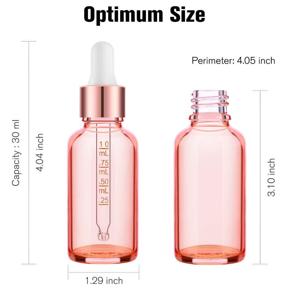PrettyCare 4 Pack 1oz Dropper Bottles for Essential Oils with Labels, Funnel & Measured Pipettes, 30 ml Leak Proof Rose Glass Essential Oils Bottles- Empty Tincture Bottles for Personal Care & Beauty