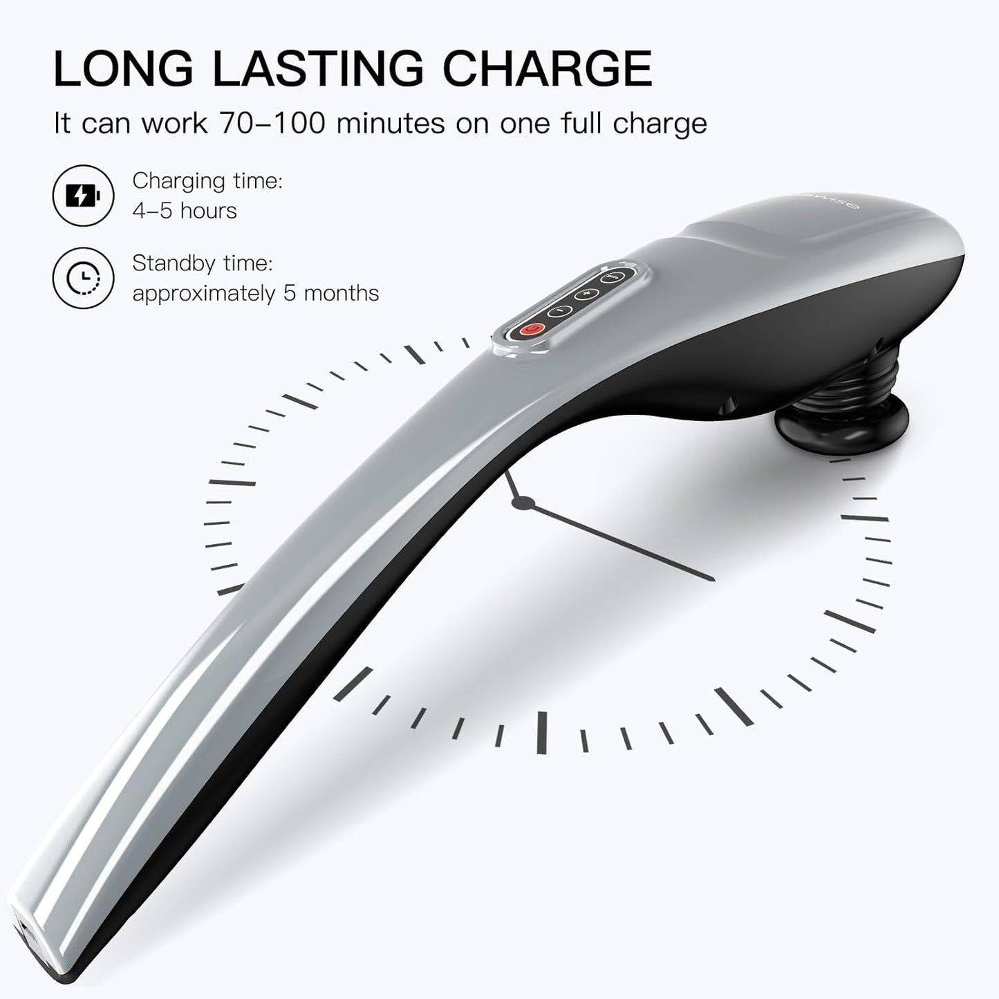 MEGAWISE Handheld Back Massager | Deep Tissue Percussion Massage for Back, Neck, Shoulders, Waist and Legs (Cordless Silver)