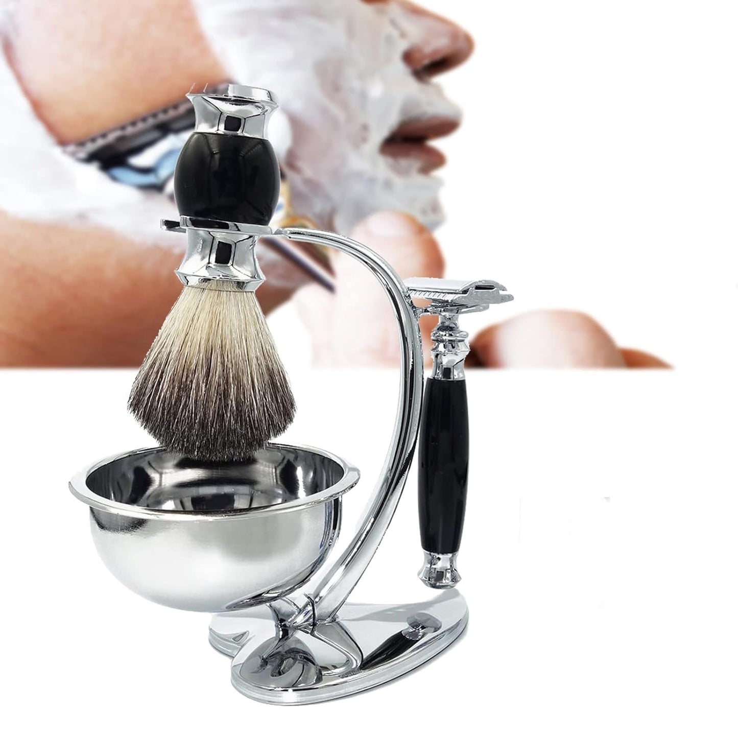 Classic Men's Double Edge Safety Razor Kit includes Pure Badger Hair Shaving Brush,Heart Shape Razor & Brush Stand Holder and Shaving Bowl Christmas Original Gift Set