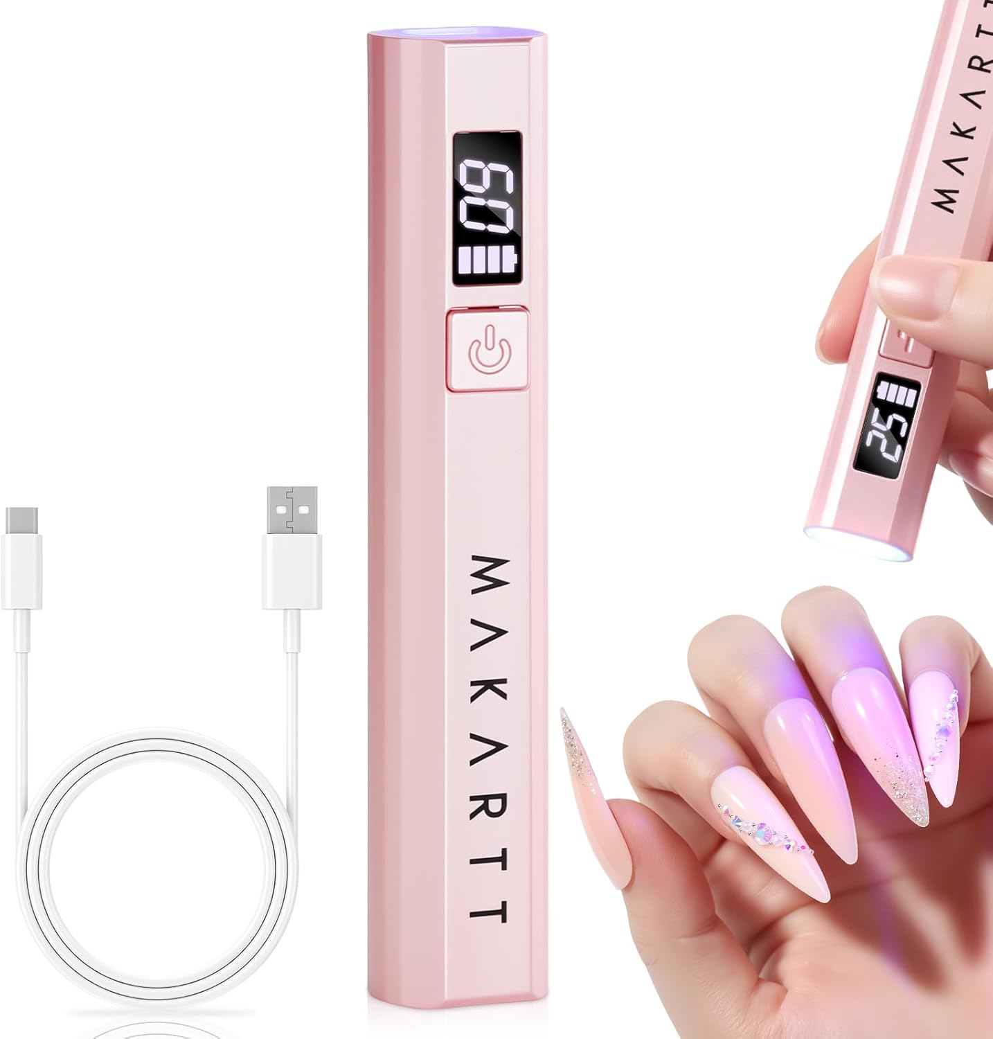 Makartt Handheld UV Light for Gel Nails - Portable Mini UV LED Nail Lamp Lumière Nail Dryer Fast Drying for Curing Nail Art Polish Rechargeable USB Nail Light with LCD 2 Timer for DIY Salon (Pink)