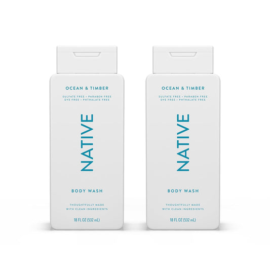 Native Body Wash Contains Naturally Derived Ingredients | For Women & Men, Sulfate, Paraben, & Dye Free Leaving Skin Soft and Hydrating | Ocean & Timber 18 oz - 2 Pk