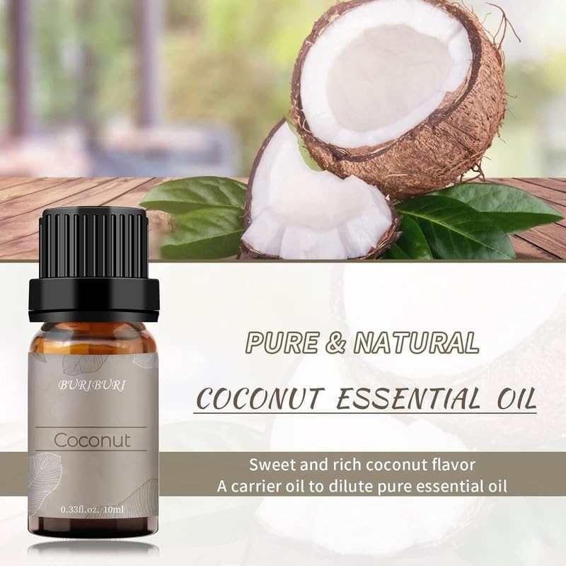 BURIBURI Vanilla Essential Oil and Coconut Oil Essential Oil, 2Pack Essential Oil Set, 100% Pure, Natural Essential Oils 10ml for Diffusers, Masage, Candle Making Soap Making