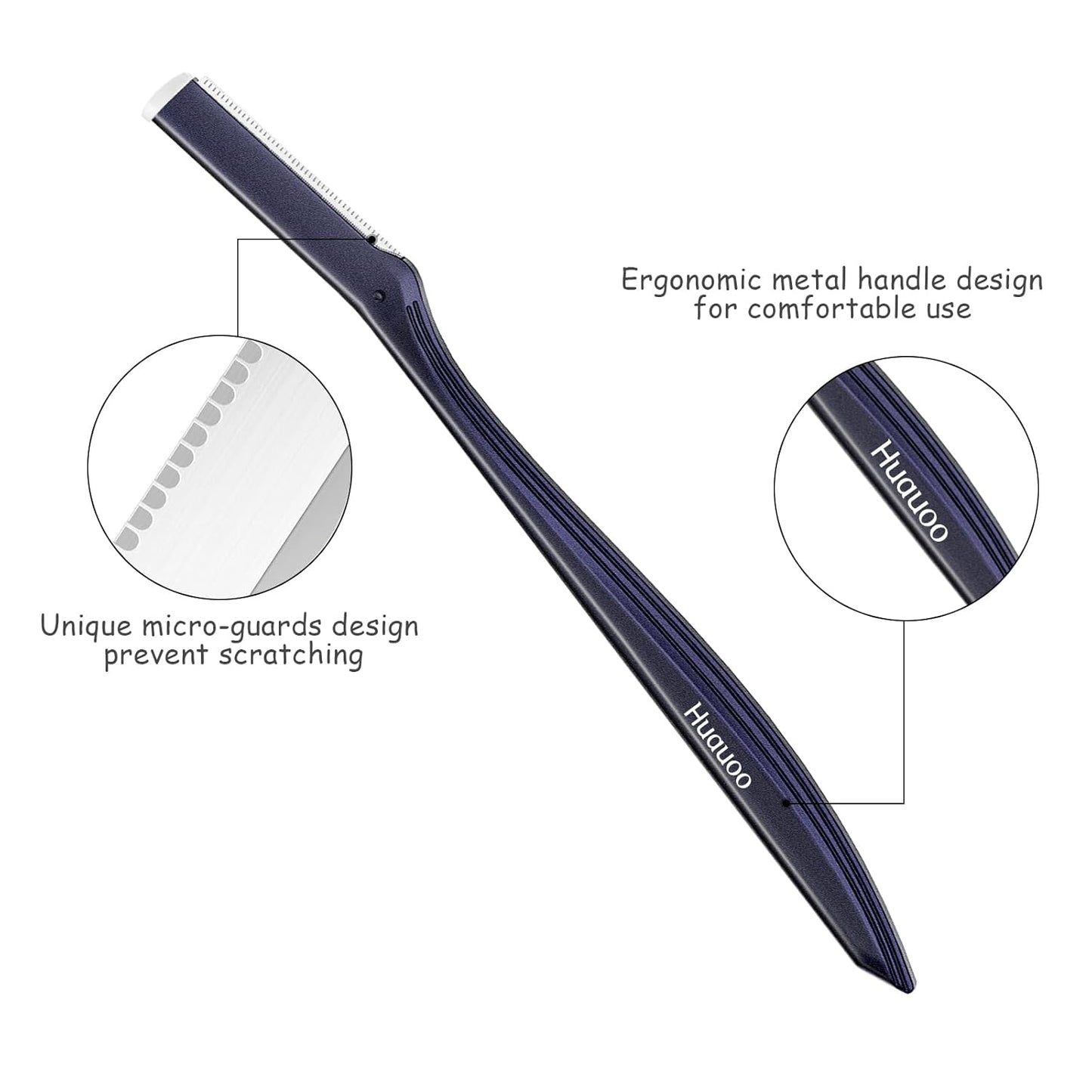 Dermaplane Razor for Women Face, Stainless Steel Handle with 6 Replaceable Blades, Huauoo Face Razors for Women, Peach Fuzz Remover, Eyebrow Trimmer, Dermaplaning Tool for Face Exfoliation (Navy Blue)