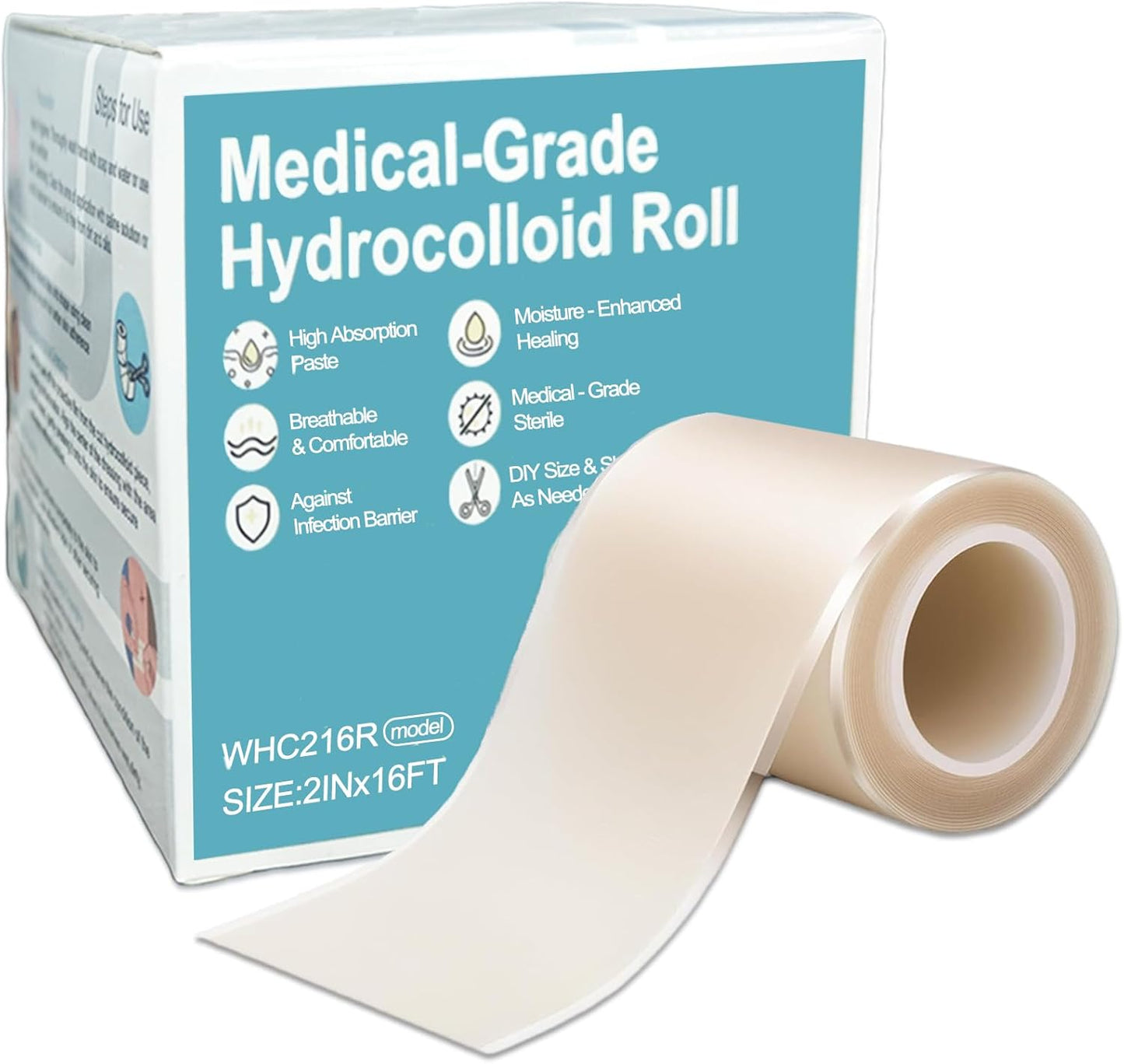 Hydrocolloid Roll for Wound Care - Self-Adhesive Hydrocolloid Bandage 2" x 16.4ft (5cm x 5m), Cut-to-Size, Waterproof, Ultra Absorbent for Blisters, Burns, Acne & Bed Sores