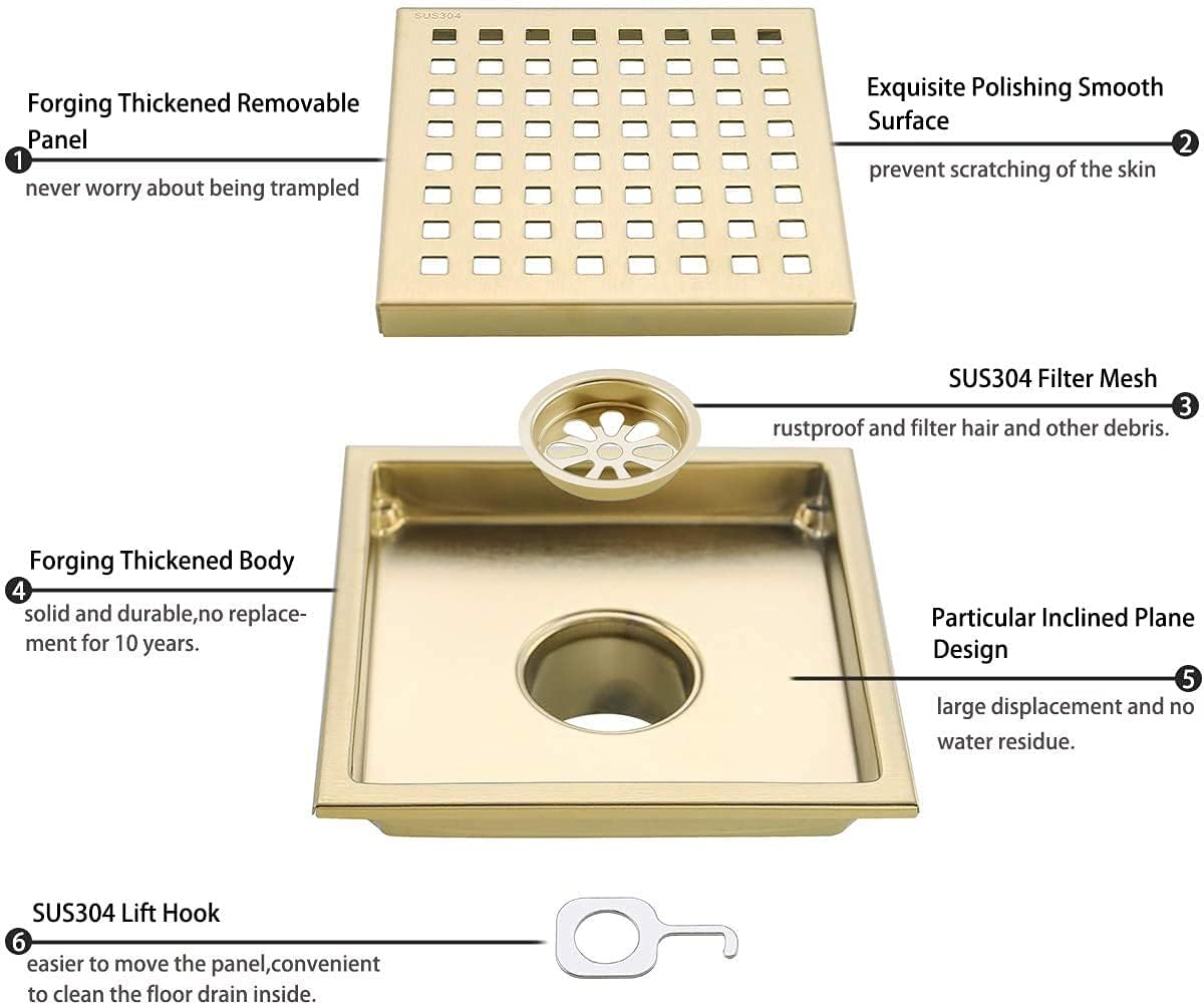 RANDOM Brushed Gold Shower Drain Square 6 Inch Shower Floor Drain with Grid Grate & Removable Hair Strainer 304 Stainless Steel Shower Drain Cover Bathroom Accessories.98738BG