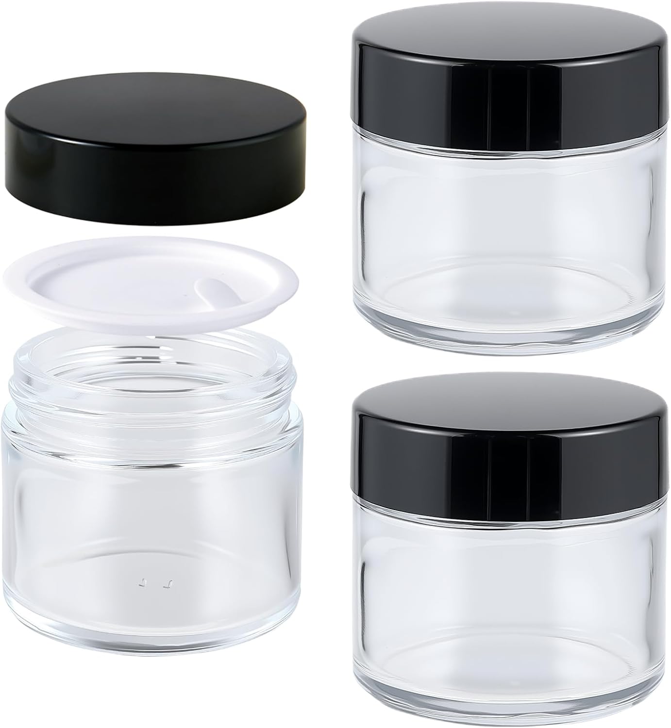 2oz Jars with Lids, HOA Kinh 3 Pack Clear Glass Jars with Lids Empty Cosmetic Containers Round Airtight Glass Jar with Black Lid for Storing Lotions Powders Ointments
