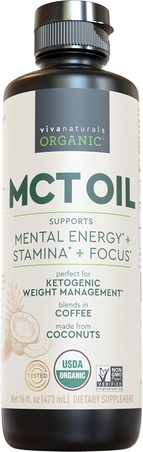 Viva Naturals Organic MCT Oil 16 fl oz - Best MCT Oil Organic for Coffee, MCT Coconut Oil Supports Energy & Mental Clarity, USDA Organic, Non-GMO, Paleo & Keto Certified, MCT Wellness