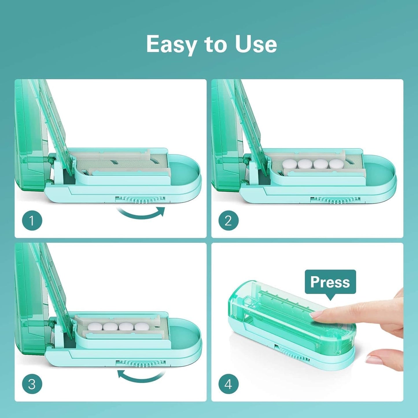 ONE PIX Pill Cutter Splitter for Small and Tiny Pills, Pill Cutter for Cutting Multiple Pills at a Time in Half with Hidden Sharp Stainless Steel Blade, Cyan