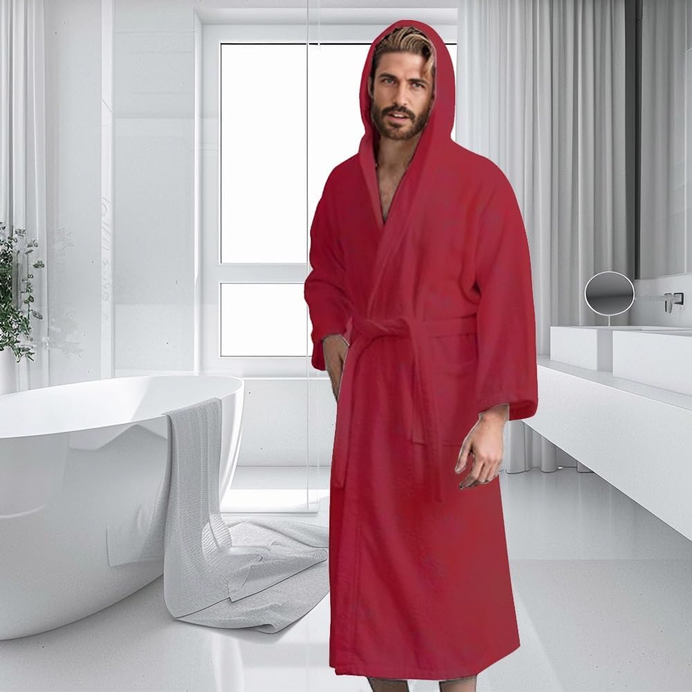 Men’s Hooded Bathrobe, 100% Cotton Terry Bathrobe, Spa Style Bath Robe, Absorbent Shower Robe, Lightweight Towel Bathrobes
