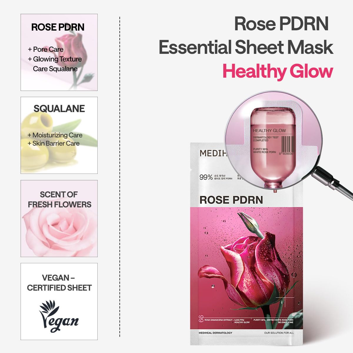 Mediheal Rose PDRN Essential Sheet Mask 4 pcs. 99% Pure White Rose PDRN & Hyaluronic Acid for hydrating, firming, and enhancing moisture barrier, skin firmness, and glow. Vegan formula