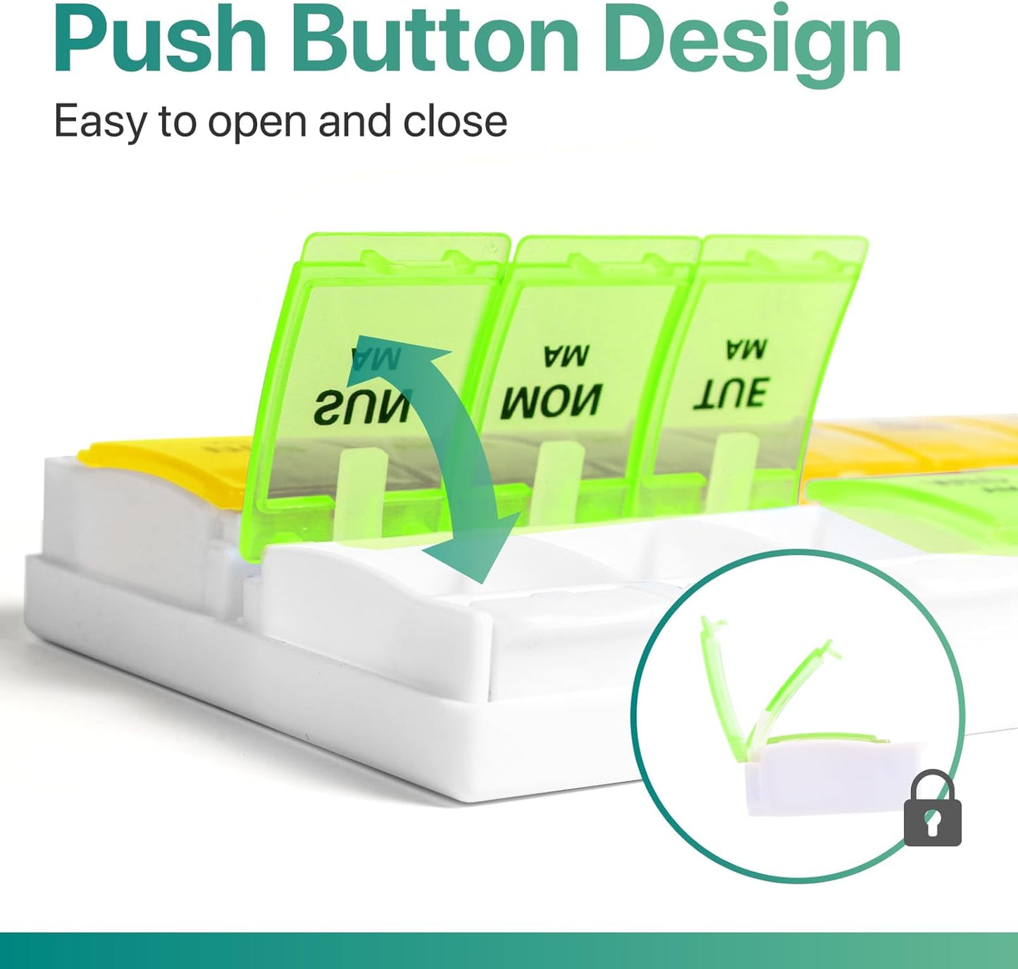 Sukuos AM PM Weekly Pill Organizer 7 Day, 2 Times A Day Medicine Pill Box with Easy Push Button, BPA Free Vitamin Cases for Fish Oil/Supplements, Easy to Clean (Yellow&Green)